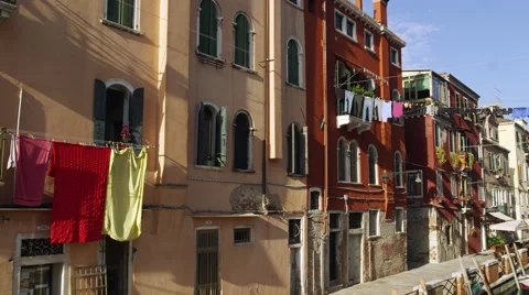Laundry Hangs from Clotheslines Canals of Venice, Italy 4K Stock Video Footage Stockbeeldmateriaal 46228563