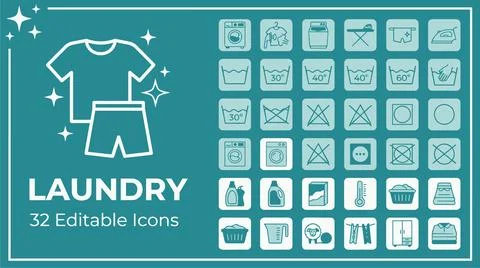 Laundry icons set for cleaning services and household chores organization t.. Stock Illustration
