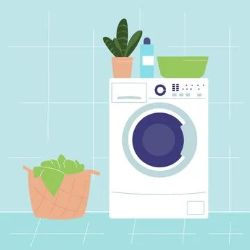 Laundry illustration. Working washing machine with laundry baskets Stock Illustration