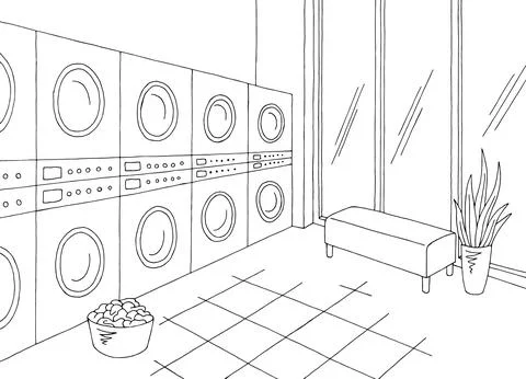 Laundry interior service graphic black white sketch illustration vector Stock Illustration