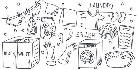 Laundry items doodle set: washing machine, washing powder, washingboard ond o Stock Illustration