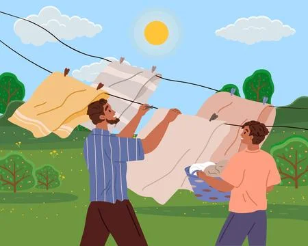 Laundry. Laundromats provide self-service washing and drying. Drying clothes in Stock Illustration