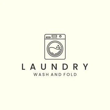 Laundry with linear style logo icon template design. washing machine, soap, w Stock Illustration