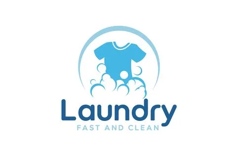 Laundry logo design template. Clothes illustration with detergent bubbles f.. Stock Illustration