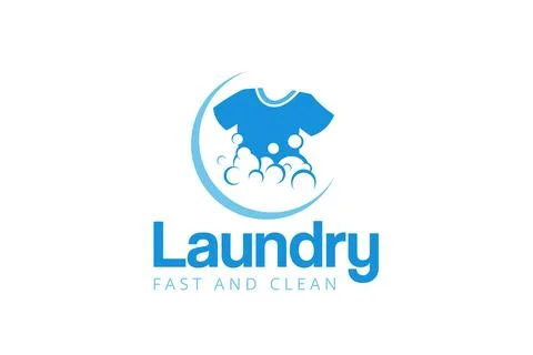 Laundry logo design template. Clothes illustration with detergent bubbles f.. Stock Illustration