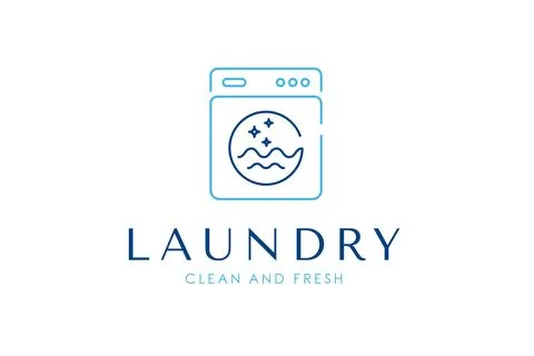 Laundry logo design template. Simple washing machine linear icon for laundr.. Stock Illustration