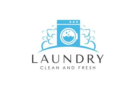 Laundry logo design template. Washing machine with bubbles illustration con.. Stock Illustration