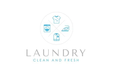 Laundry logo design template. Washing machine, clothes, iron, and folded cl.. Stock Illustration