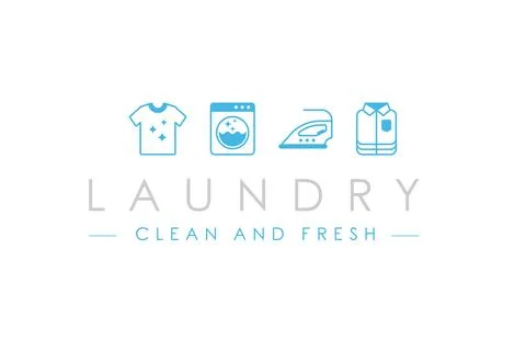 Laundry logo design template. Washing machine, clothes, iron, and folded cl.. Stock Illustration