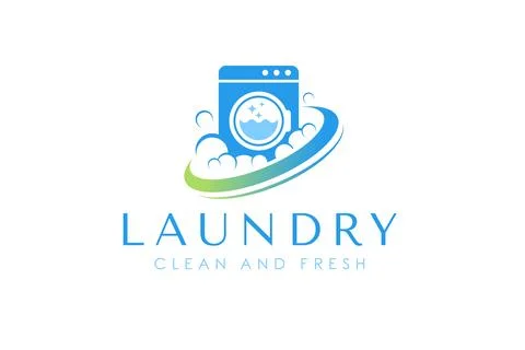 Laundry logo design template. Washing machine with bubbles illustration con.. Stock Illustration