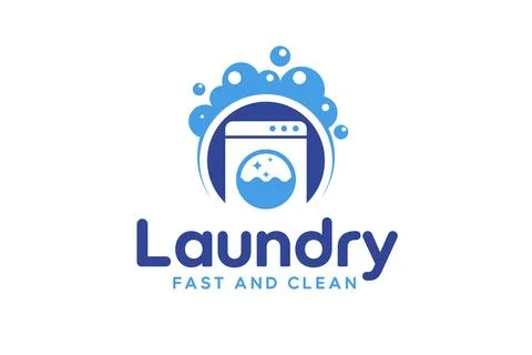 Laundry logo design template. Washing machine with bubbles illustration con.. Stock Illustration