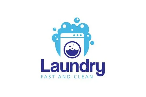 Laundry logo design template. Washing machine with bubbles illustration con.. Illustrazione stock