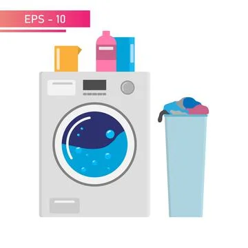 Laundry machine, large laundry basket. Washing powder. Realistic design. On a Stock Illustration