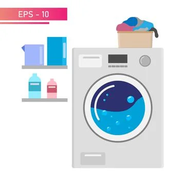 Laundry machine, small laundry basket. There are laundry items on the shelves Stock Illustration