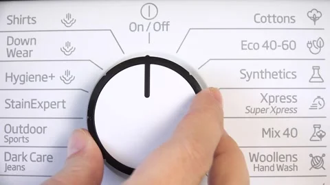 Laundry Machine, Switch On, Off Programming Button Washing Disinfecting Cleaning Stock-Footage 344390736
