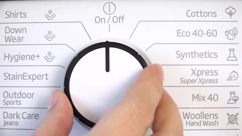 Laundry Machine, Switch On, Off Programming Button Washing Disinfecting Cleaning Stock Footage 346683762