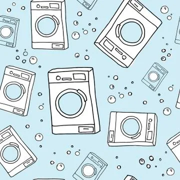 Laundry pattern. Hand drawn washing machines on blue backdrop. Seamless vecto Stock Illustration