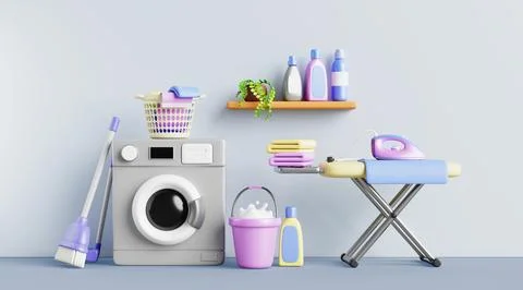 Laundry room with automatic washing machine, clothes basket, ironing board, iron Stock Illustration