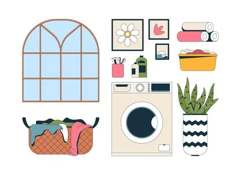 Laundry room essentials 2D cartoon objects set Illustrazione stock