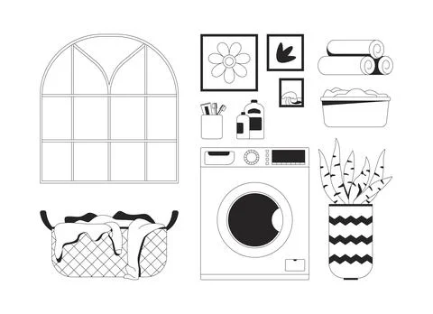 Laundry room essentials 2D line objects set Stock Illustration