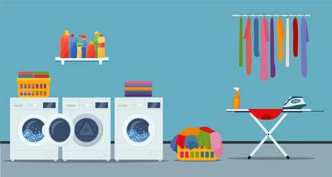 Laundry room interior with washing machine, ironer, iron, clothes and cleanin Stock Illustration