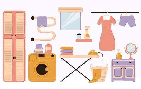 Laundry room interior with washing machine, ironing board, clothes rack Stock Illustration