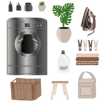 Laundry room objects set with washing machine Stock Illustration