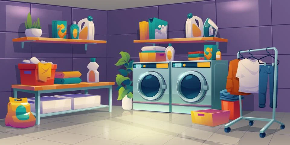 Laundry room with washing machine, clean clothes Stock Illustration