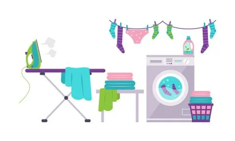 Laundry room with washing machine, ironing board, clothes rack, basket vector Illustrazione stock