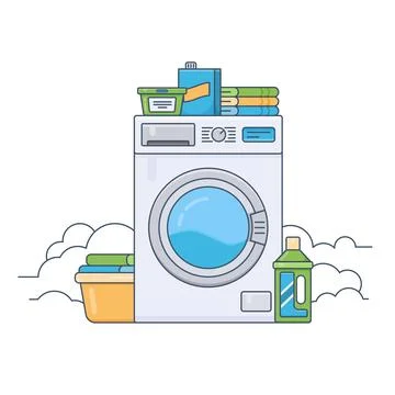 Laundry room with working washing machine. Thin line flat design vector ill.. Stock Illustration