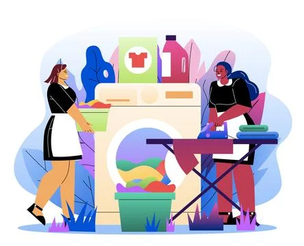 Laundry service workers doing chores. Vector illustration Stock Illustration
