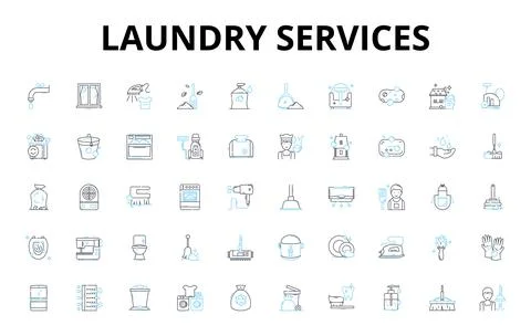 Laundry services linear icons set. Washing, Drying, Ironing, Folding, Stain Stock Illustration