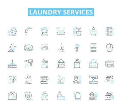 Laundry services linear icons set. Washing, Drying, Ironing, Folding, Stain Stock Illustration