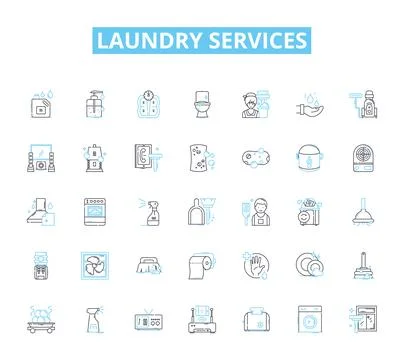 Laundry services linear icons set. Washing, Drying, Ironing, Folding, Stain Stock Illustration