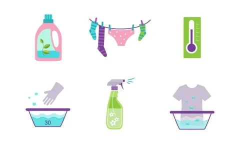 Laundry set, equipment and facilities for washing clothes vector Illustration on Stock Illustration