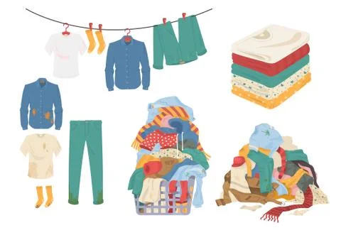 Laundry set, flat vector isolated illustration. Clean and dirty menswear, towels 库存插图