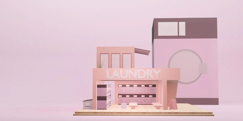 Laundry shop model washing machine coin laundry service cartoon 3D illustrati Stock Illustration