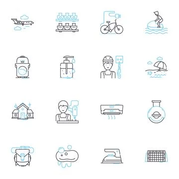 Laundry tasks linear icons set. Sorting, Washing, Drying, Folding, Ironing Stock Illustration