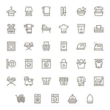 Laundry Ultimate Vector Package with 35 128x128 Regular Line Pixel Aligned .. Stock Illustration