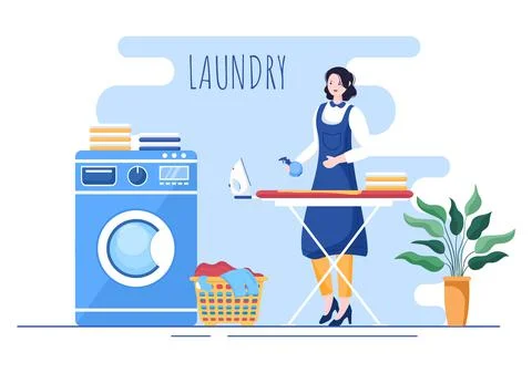 Laundry with Wash and Drying Machines in Flat Background Illustration. Dirty  Stock-Illustration