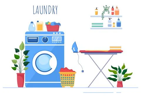 Laundry with Wash and Drying Machines in Flat Background Illustration. Dirty  Illustrazione stock