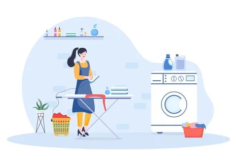 Laundry with Wash and Drying Machines in Flat Background Illustration. Dirty  Stock Illustration