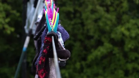 Laundry washing drying on the line with pegs Stock Footage 274052500