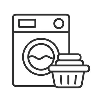 Laundry washing machine with clothes basket, icon in line design. Laundry Stock Illustration