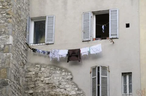 Laundry in Window, Aix-en-Provence, France Stock Photos