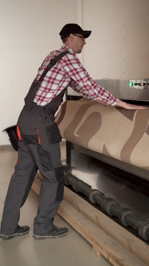 Laundry worker working on automatic machine for carpet clean-up in dry cleaning Stock Footage 269421487