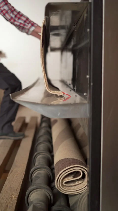 Laundry worker working on automatic machine for carpet cleaned in dry cleaning Stock Footage 269423239