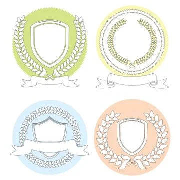 Laurel Leaf Wreath And Shields Outline Set Stock Illustration