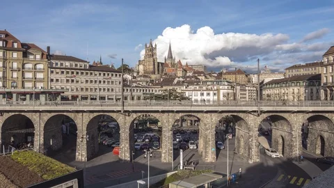 Lausanne Downtown Flon, cathedral timelapse - Switzerland Stock Footage