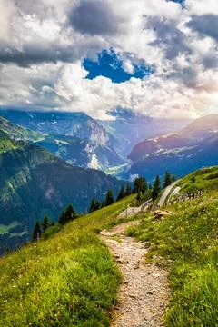 Lauterbrunnen valley with famous nature and waterfalls. Lauterbrunnen valle.. Stock Photos